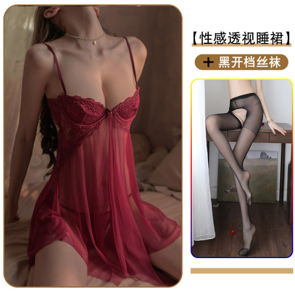Sexy Sleepwear Set for Women – Sheer Split Chemise & Matching Lingerie Outfit, Provocative Uniform-Inspired Nightwear - Red nightgown + black open-crotch stockings