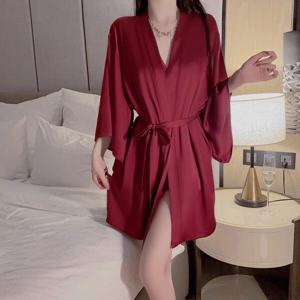 Women's Summer Ice Silk Sleep Dress with Bow & Backless Cutout - Sexy Lounge Set - Burgundy bathrobe