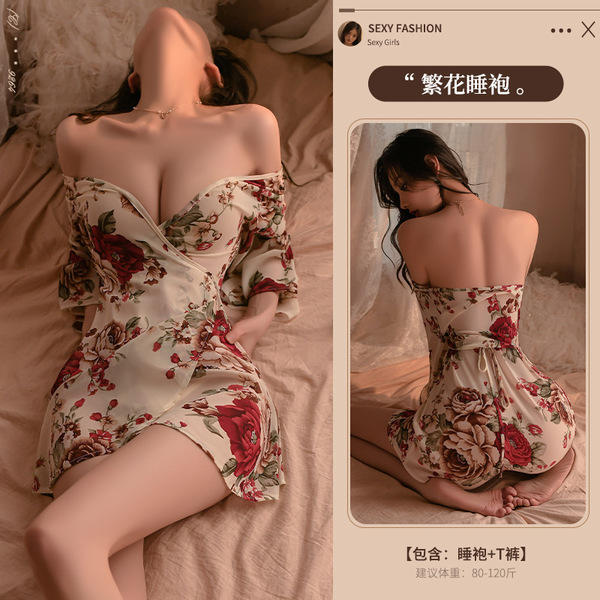 Mannyan Sexy Floral Deep V-Neck Silk Robe & Sheer Kimono Sleep Set - Elegant Lingerie Nightwear - Red bathrobe + T-shirt