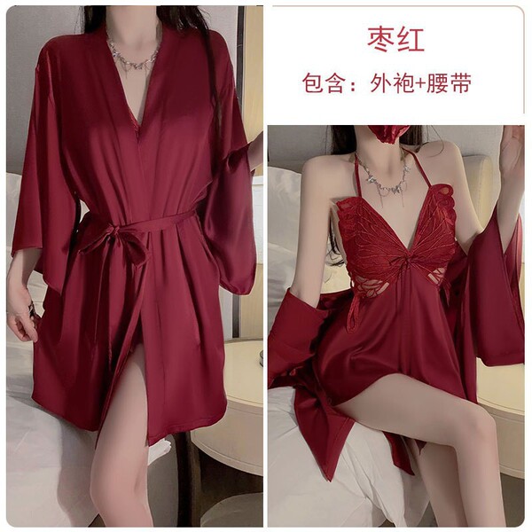 Butterfly Lace Sleeveless Ice Silk Sleep Dress Set – Sheer Back, Bow Detail, Spring Romantic Lingerie - Red single skirt with padding