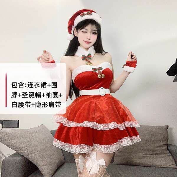 Ziqu Sexy Christmas Lingerie Set - Velvet Role Play Costume for Women, New Year Eve Outfit - Red + matching socks