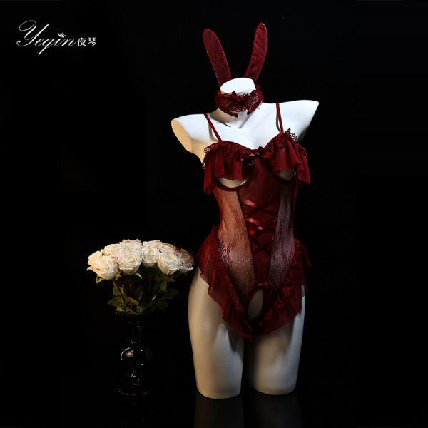 Rabbit Girl Lingerie Set - Sexy Tight-Fit Costume Sleepwear for Women, Pure & Tempting QQNY Style - Red + matching socks