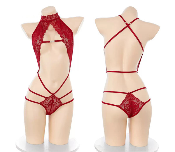Sexy Nightclub Halter Backless Lace Bodysuit - Seductive Sheer Lingerie Set for Women - Red (socks not included)