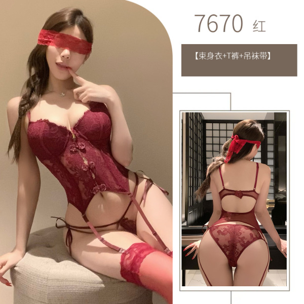Pure & Seductive Lace Corset Top - Sexy Open-Crotch Bodice for Date Night Outfit, QQNY Style - Red (socks not included)