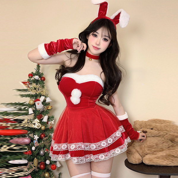 Sexy Christmas Bunny Costume for Women - Festive New Year Cosplay Outfit & Lingerie Set - Red (socks not included)