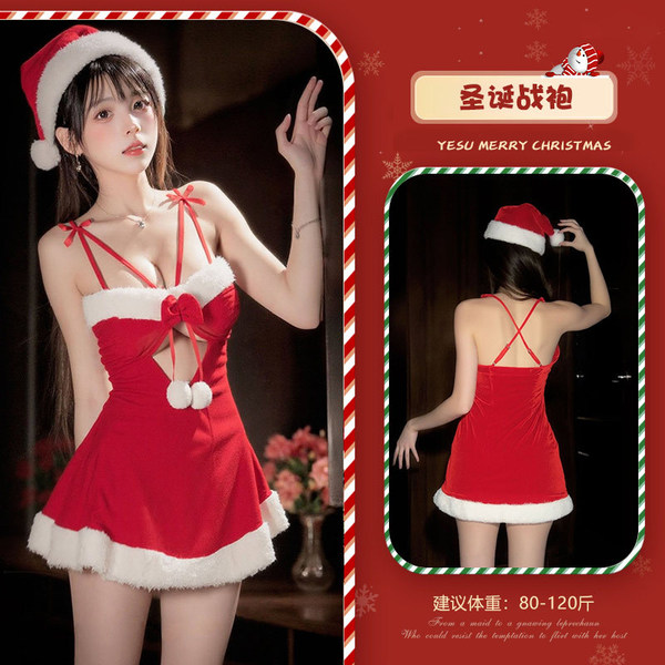 Qingqingmimi Christmas Cosplay Velvet Sleep Dress - Sexy Role Play Lingerie for Holiday & New Year Eve - Red (socks not included)