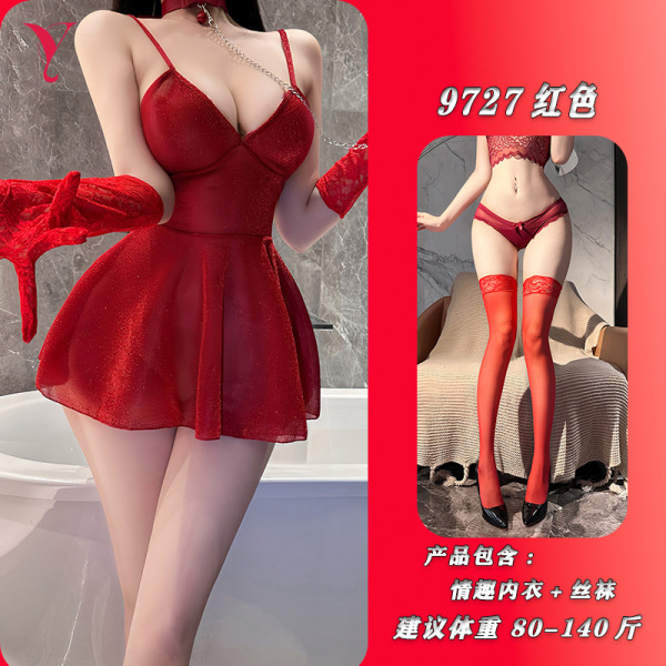 Nightse Nightse Sexy Lace Slip Dress - Shiny Clubwear Bodysuit for Small Bust, Modest Yet Alluring No-Remove Sleepwear - Red color + matching stockings + matching leash + matching gloves
