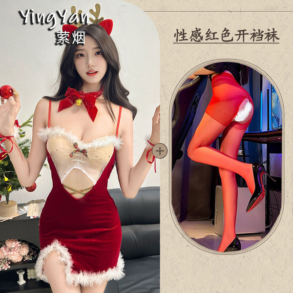 Yingyan Christmas Lingerie Set - Sexy Bare-Back Bra Top & Matching Bottoms, Elegant New Year Party Outfit for Women - 0936 Red + Red Open Crotch Socks