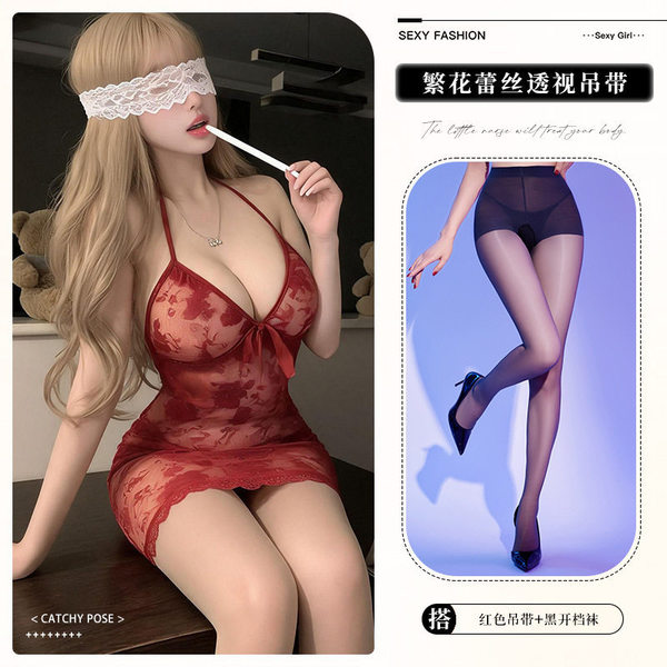 Feitiyu Lingerie Lace Slip Dress - Seductive Sheer Sleepwear for Small Bust Women, No-Remove Bedroom Set - 9408 Red + Open Crotch Socks