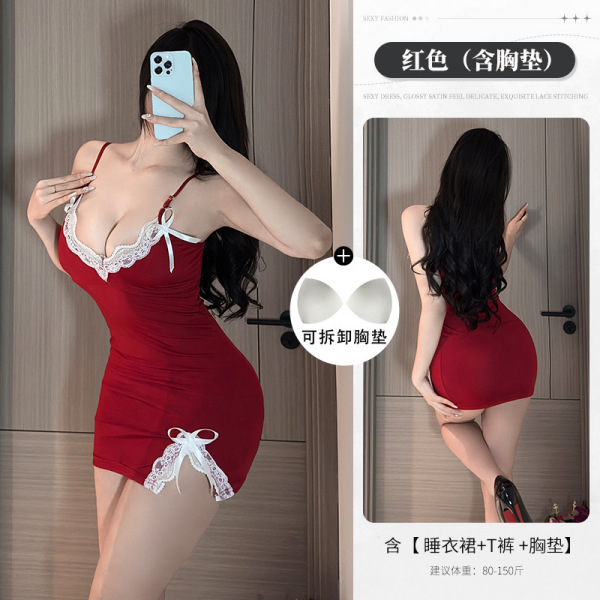 Pure & Sexy Lace Bodysuit for Women - Trendy Sheer Mesh Sleep Dress with Built-in Padded Bra, Lounge & Nightwear - Red (with breast pads)
