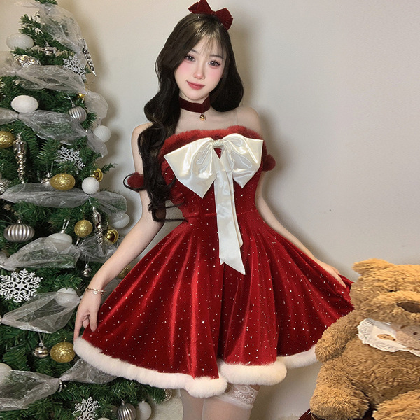 Red sparkly sexy new year dress - sweet & spicy holiday lingerie mini dress with strapless bodice, festive design perfect for...