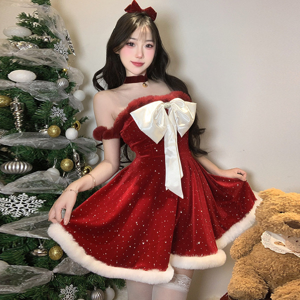 Red sparkly sexy new year dress featuring a strapless bodice, festive bow, and fluffy trim, perfect for holiday celebrations.