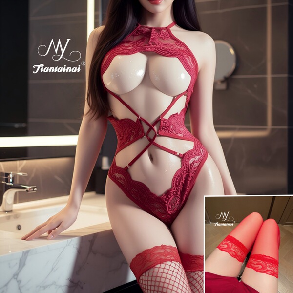 Sexy Lace Bodysuit Set - Seductive Mesh & Lace Erotic Lingerie for Couples Play & Bedroom Fun - Burgundy + red stockings