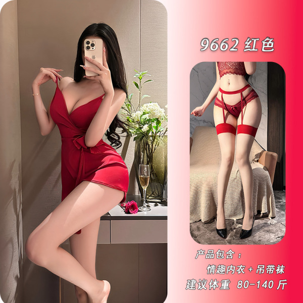 Feiniao Moonlit Lingerie Set - Sensual Waist-Cinching Sheer Deep V-Neck Tie-Detail Sleep Dress - Red + matching suspender stockings