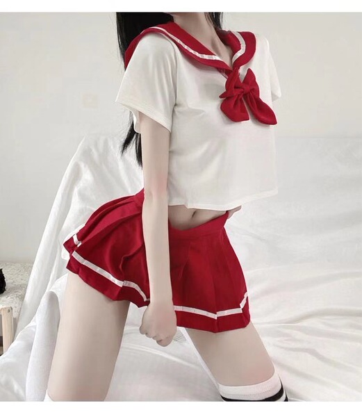 Mannye Qing Sexy Lingerie Set - Cute Schoolgirl JK Uniform Skirt, Seductive & Trendy Outfit for Women - Red + school socks