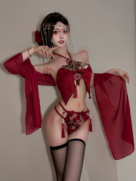Vintage Chinese Belly Dance Bodice Set - Embroidered Lace Cheongsam Wrap with Tassels & Sheer Cutouts - Burgundy suit + black open-crotch socks