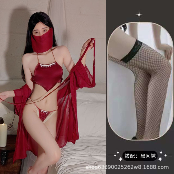 Vintage Chinese Costume Lingerie Set for Women - Red Sheer Mask, Heart-Shaped Tassel Bodice & Role Play Outfit - Burgundy suit + black fishnet stockings