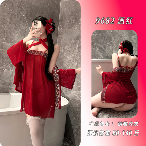Feiniao Moon-Gazing Hanfu Lingerie Set - Red Silk Doudou, Sheer Sensual Sleepwear with Oriental Elegance - Burgundy suit + matching lace stockings