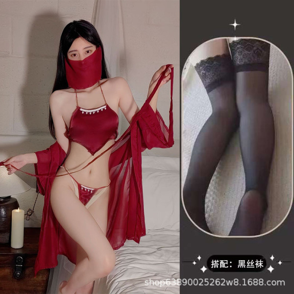 Vintage Chinese Costume Lingerie Set for Women - Red Sheer Mask, Heart-Shaped Tassel Bodice & Role Play Outfit - Burgundy suit + black stockings