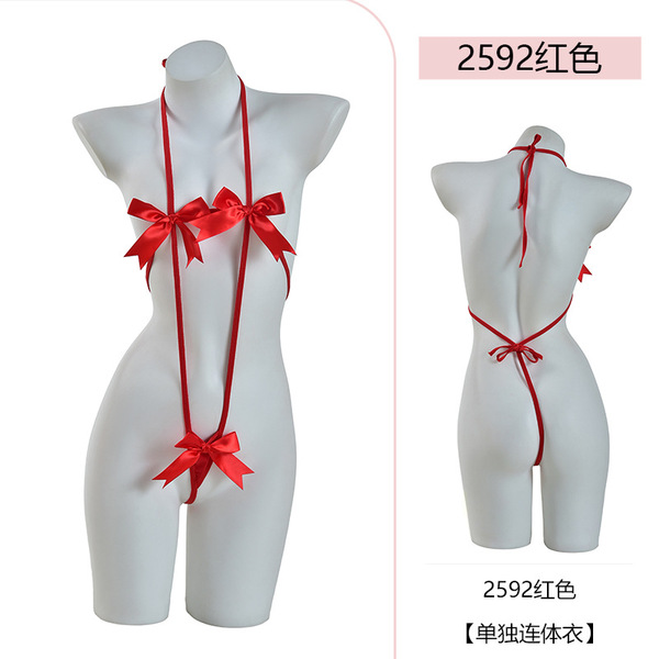 PinXian Sexy Lace Bikini Set with Adjustable Bow Tie – Christmas & New Year Matching Outfit - Red (one-piece bodysuit)