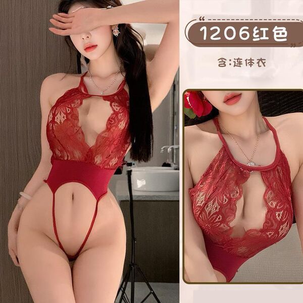 Sexy Sheer Sleepwear Bodysuit for Small Bust Women - Seductive Bedtime Lingerie, No-Remove Transparent Nightwear - Burgundy bodysuit