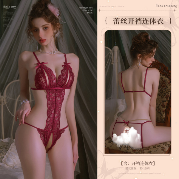 Mannyan Lingerie Set for Women - Sensual Lace Deep V-Neck Open-Crotch Bodysuit with Bow Detail, Sheer Mesh Sleepwear - 6921183365615 Burgundy [Single Open Crotch Bodysuit]