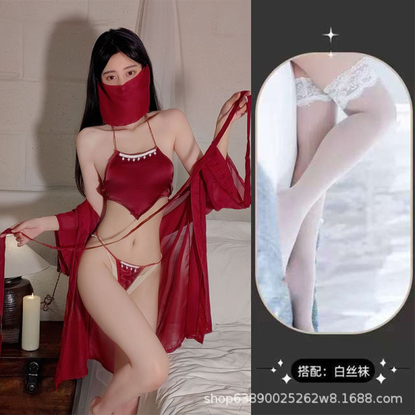 Vintage Chinese Costume Lingerie Set for Women - Red Sheer Mask, Heart-Shaped Tassel Bodice & Role Play Outfit - Burgundy suit + white stockings