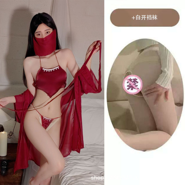 Vintage Chinese Costume Lingerie Set for Women - Red Sheer Mask, Heart-Shaped Tassel Bodice & Role Play Outfit - Burgundy suit + white open-crotch socks