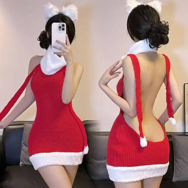 Sexy New Year Christmas Costume Lingerie Velvet Nightgown Role Play Outfit Set - 260 [Red Sweater]