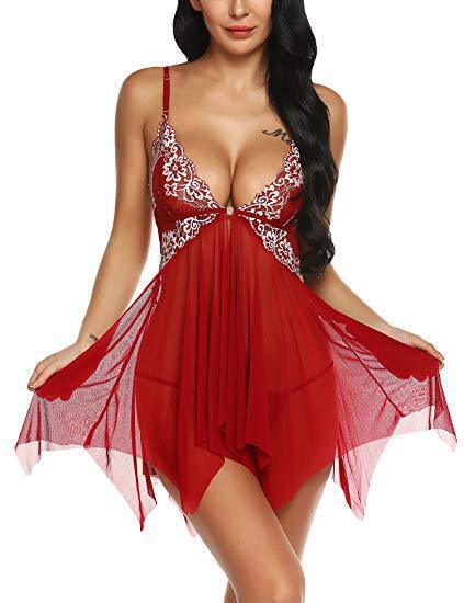 Lace Trim Sheer Mesh Sexy Babydoll Dress – Wholesale Europe and AmericaTrendy Lingerie, Factory Direct - Burgundy (including T-shirt)