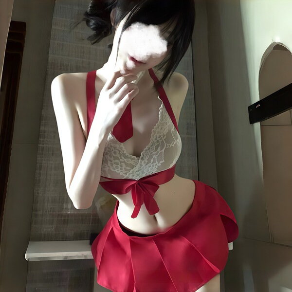 Domoila Sexy Student-Style Mini Pleated Skirt Set - Cute JK Uniform Lingerie for Small Bust - Red [Tie + Shirt + Skirt + T-shirt]