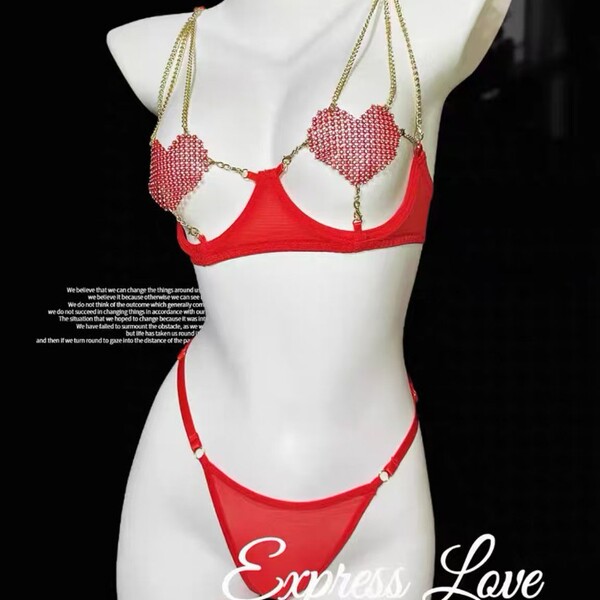 Red Lace Sexy Bra Set - Hollowed-out European and American style push-up lingerie set with sheer details - Red two-piece set