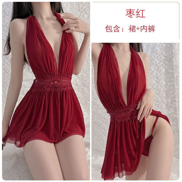 Pure & Playful Lingerie Sleep Set – Sexy Sheer Sleep Dress for Women, Romantic Bedroom Wear - Red + underwear + black fishnet stockings