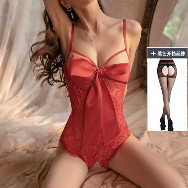 Seductive Lace Cami Sleepwear for Women – Sexy Open-Crotch Adjustable Strap Nightdress with Lift Effect - Open-crotch top (red) + free open-crotch socks