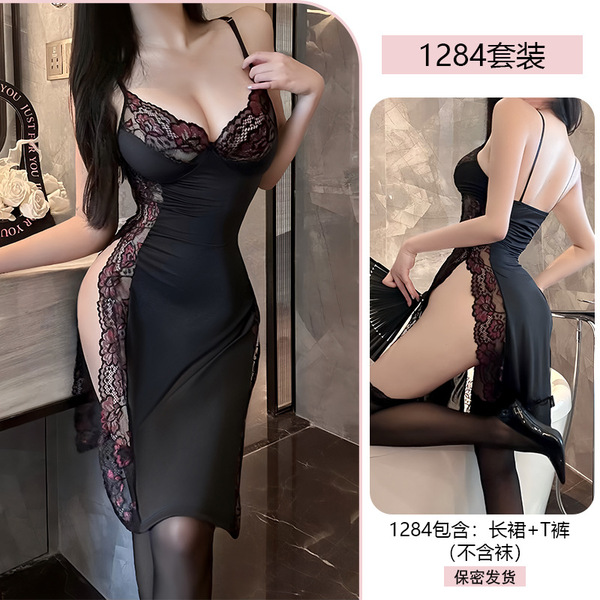 Yiyue Sexy Lace Lingerie Dress for Women – High-Slit Nightclub Outfit & Easy-Off Sleepwear - Red lace + black