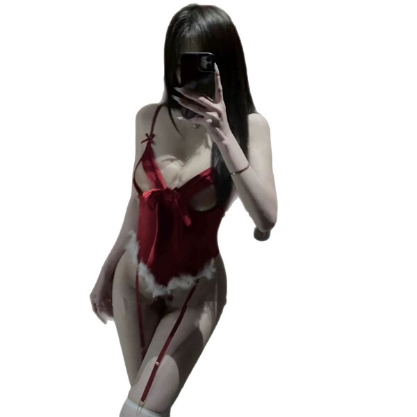 Red velvet bunny costume - sexy new year lingerie bodysuit with bow & cut-outs