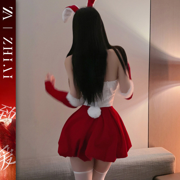 Sexy & sweet womens holiday costume outfit for cosplay & parties, featuring a festive red and white design with bunny ears an...