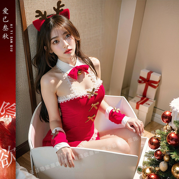 Red velvet christmas lingerie set featuring sexy santa cosplay outfit with deer motif and busty silhouette, perfect for festi...