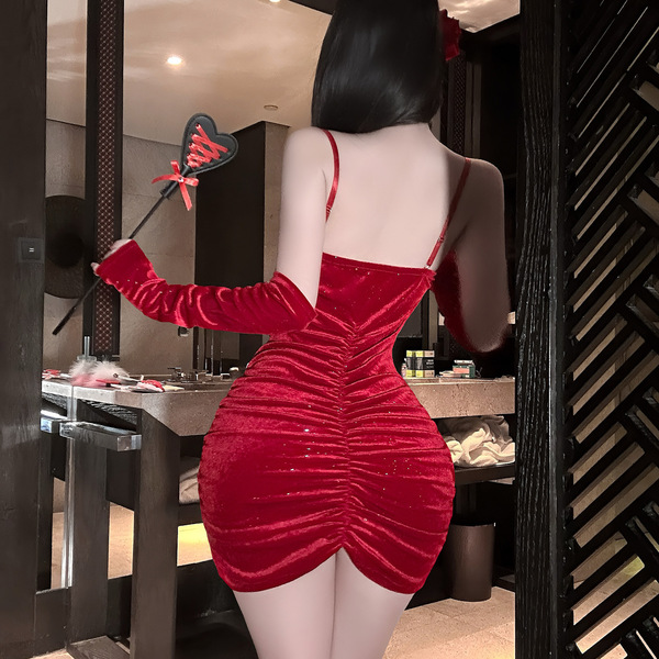 Red velvet lace bodycon mini dress - sheer sexy holiday party dress with thin straps & sparkle detail