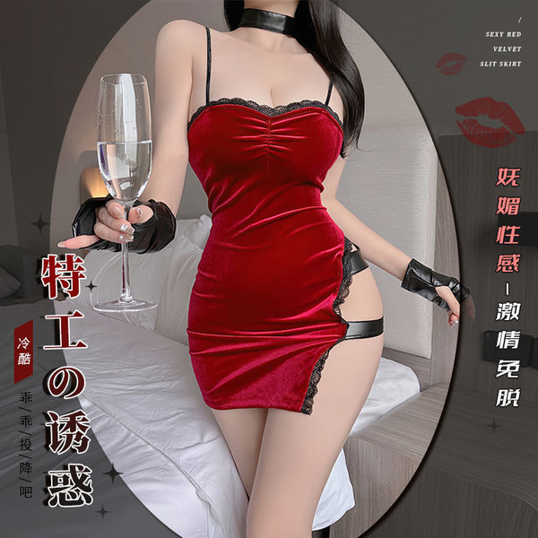 Red velvet sexy cheongsam dress - slit bodycon agent costume for new year & cosplay, featuring elegant design and allure.