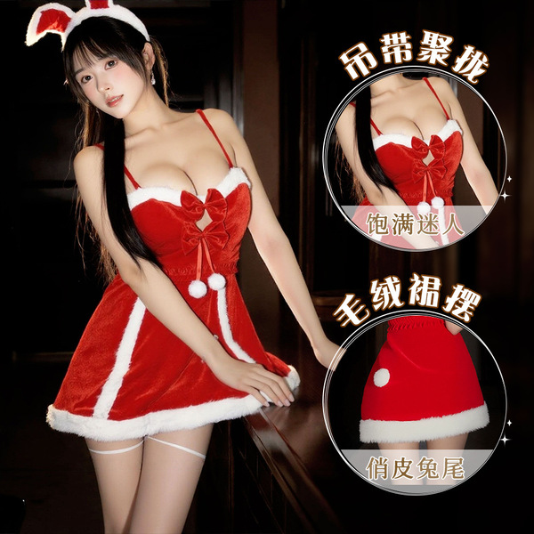 Red velvet sexy christmas lingerie dress - holiday party role play sleepwear, pure & tempting costume featuring bunny ears, s...