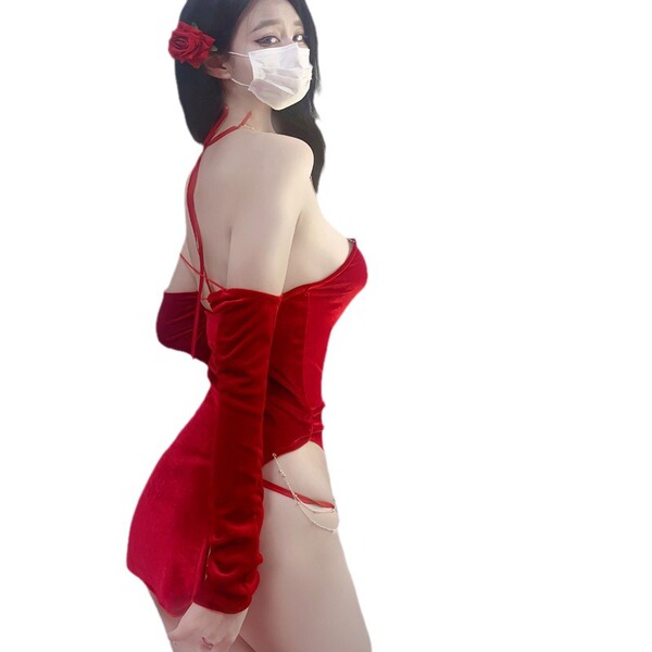 Red velvet sexy lingerie set - retro chinese new year pure & tempting outfit for women, featuring elegant design with delicat...