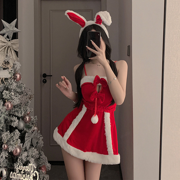 Red velvet sexy lingerie set - new year party sleepwear & role play costume for women, festive red dress with bunny ears, per...