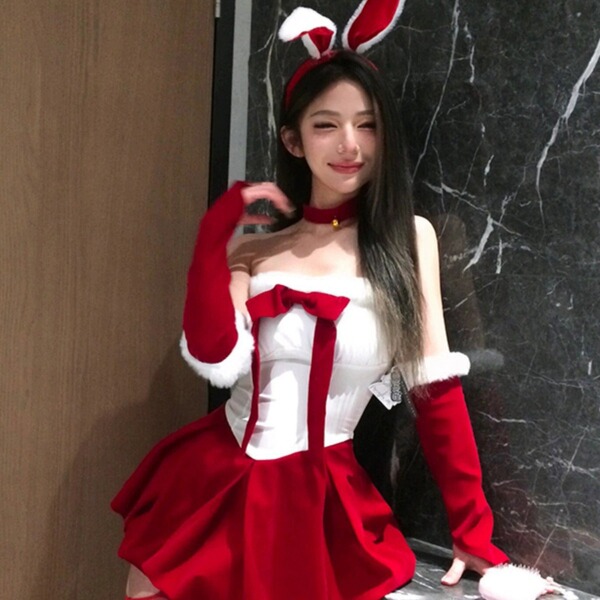 Sexy bunny costume dress featuring red velvet fabric, perfect for festive occasions. plus-size design offers pure temptation ...