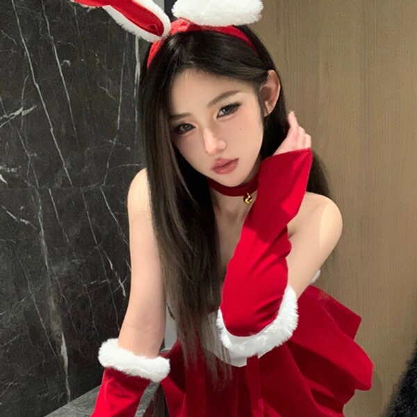 Sexy bunny costume dress with red velvet texture, perfect for festive occasions. plus size option available.