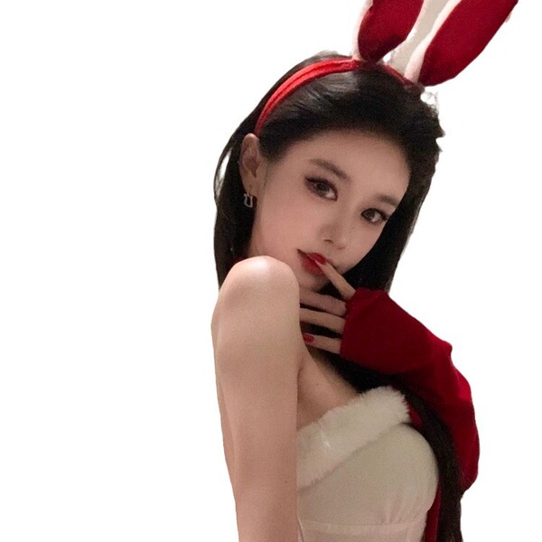 Sexy bunny costume dress with red velvet headband, perfect for festive occasions. plus size pure temptation outfit.