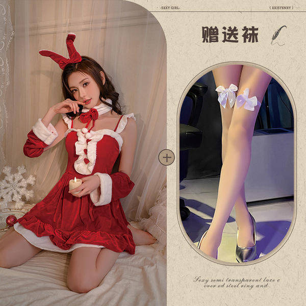 Velvet Christmas Lingerie Set - Festive New Year Lolita Sleepwear & Matching Robe Outfit - Red and white butterfly stockings