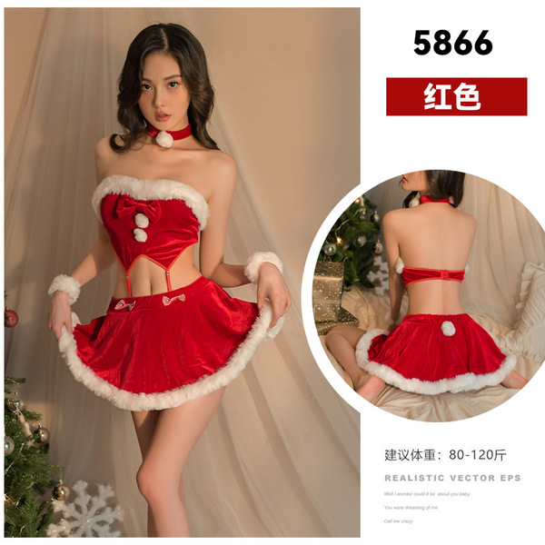 Ai Ruru Velvet Sexy Separates Set – Pure & Tempting Mini Dress with Strapless Bra Top, Holiday Costume Outfit - Red (staining on the white parts is normal)