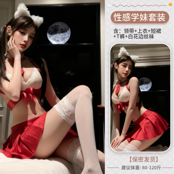 Sexy Short Pleated Skirt Set - JK Style Erotic Lingerie with Bells for Women - Red and white lace stockings