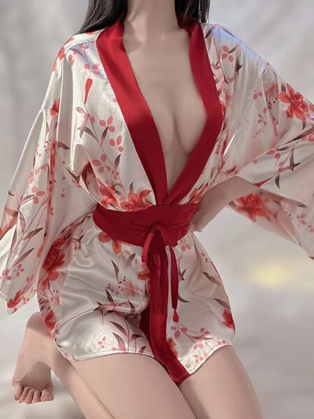 Japanese-Inspired Sexy Lingerie Set - Kimono-Style Robe with Ties, Roleplay Costume & Seductive Sleepwear - White and red